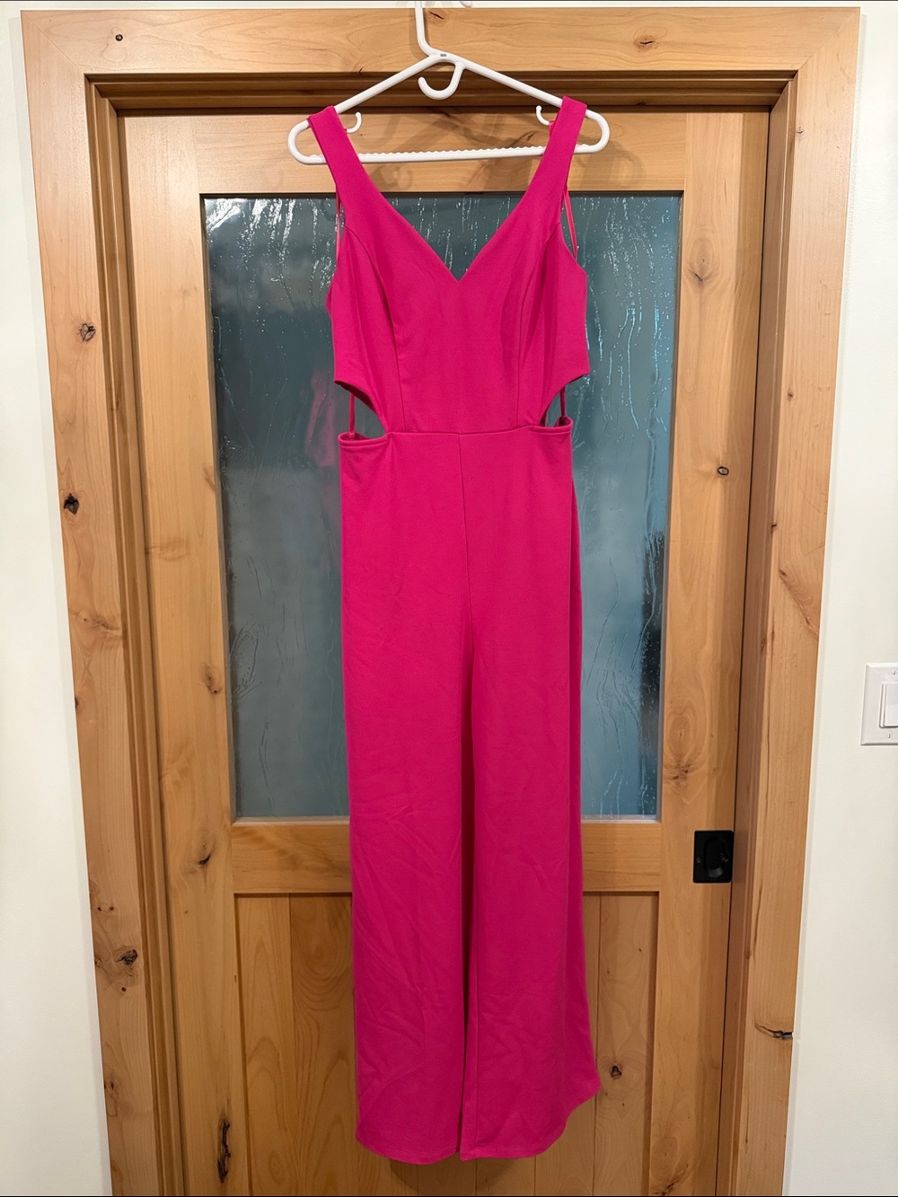 New Fuchsia V-Neck Cutout Women’s pant suit with pockets